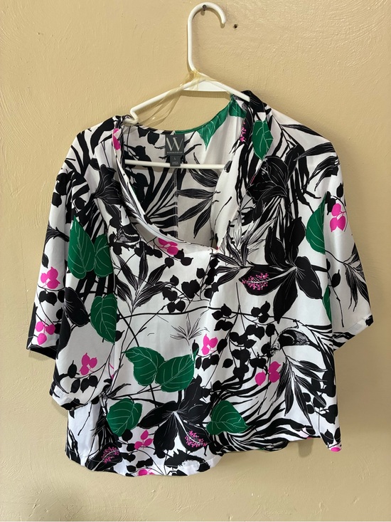 Worthington Tops - Worthington White Botanical Print Draped Neck Blouse with Green & Pink Accents